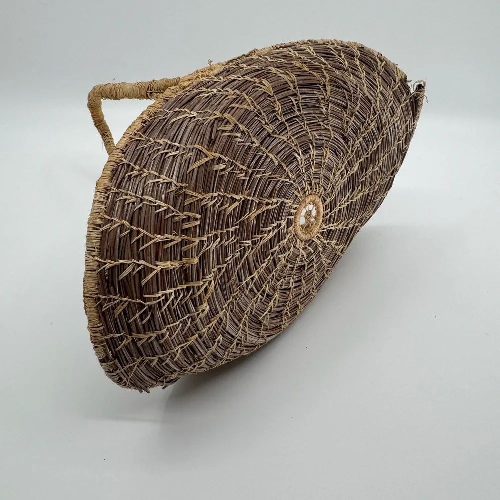 Vtg Handmade Pine Needle Gathering Basket Wrapped Handle Southern Folk Art Decor